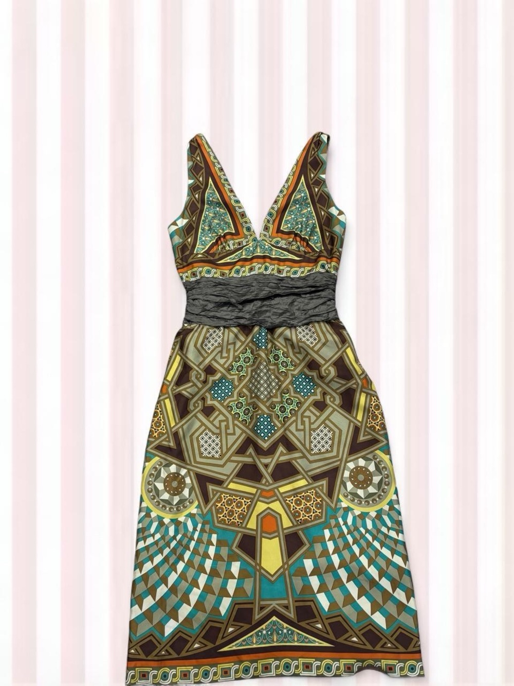 Nicole Miller Geometric Midi Dress in Teal, Brown, Gold and Gray